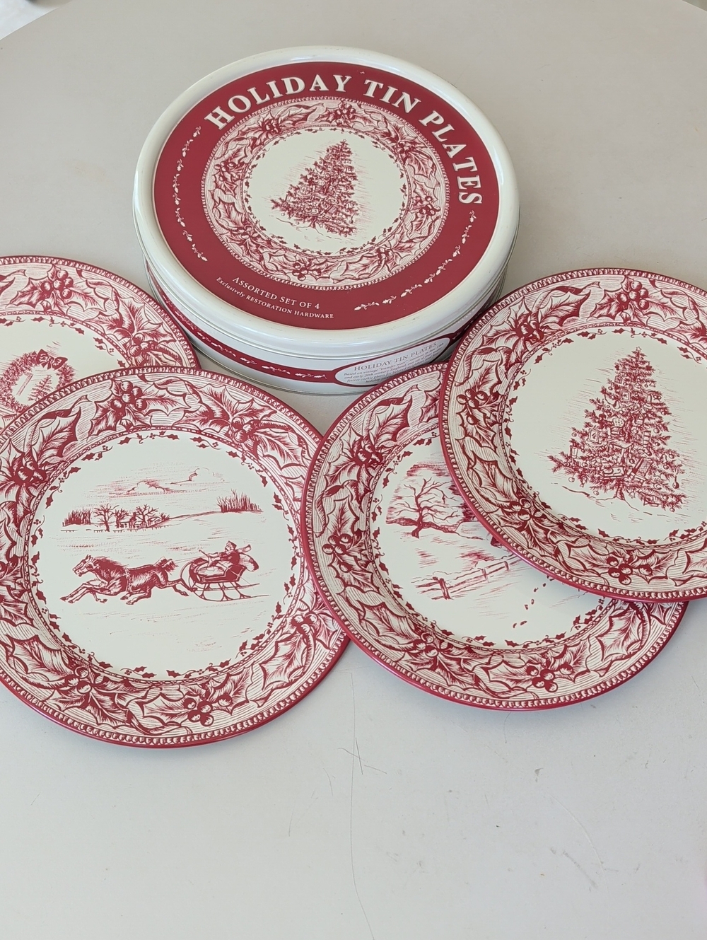 Restoration Hardware Cream Red Victorian Style 4 Tin Plates W/ Container Holiday